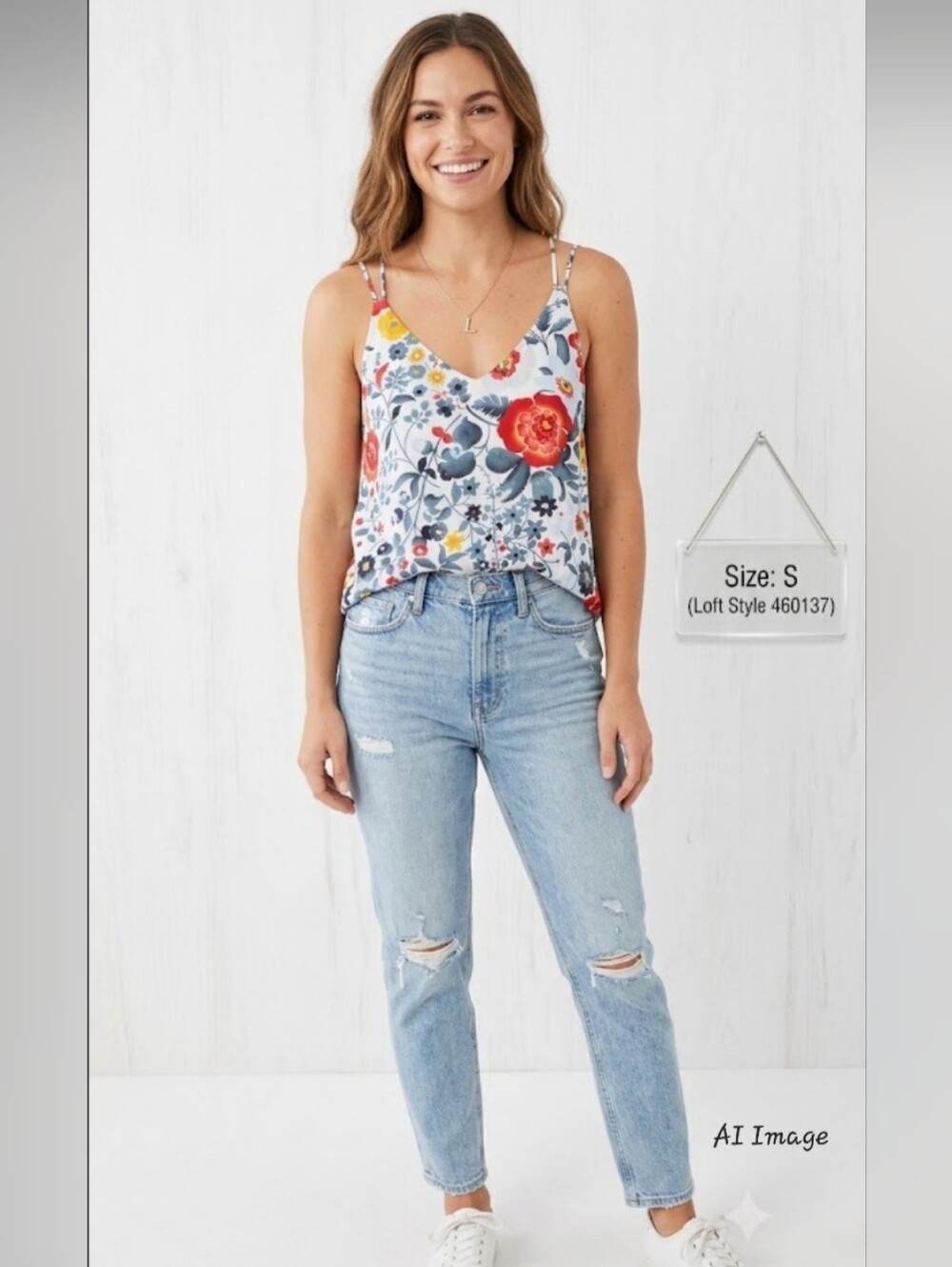 LOFT White Floral V-Neck Cami with Red & Blue Blooms